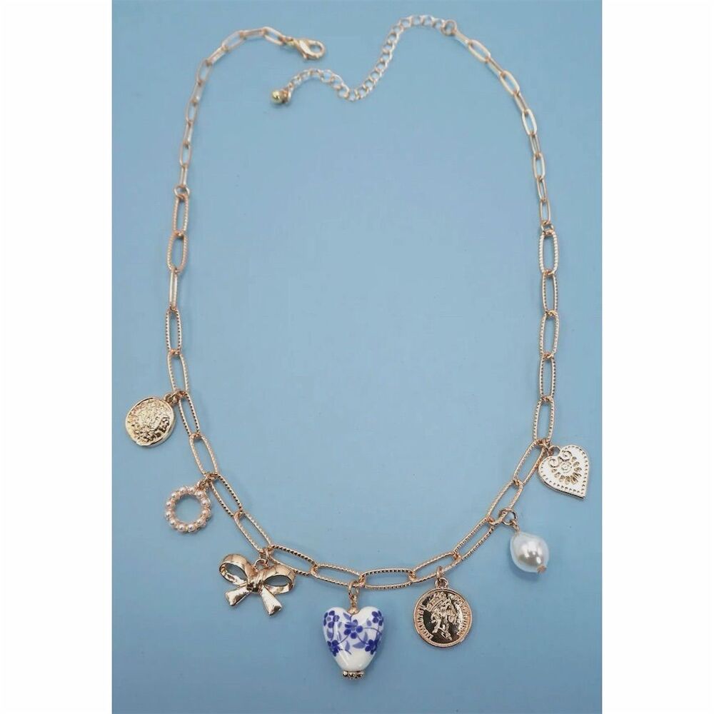 Josslyn Blue Heart Bow Charm Necklace Floral Theme‎ Adjustable